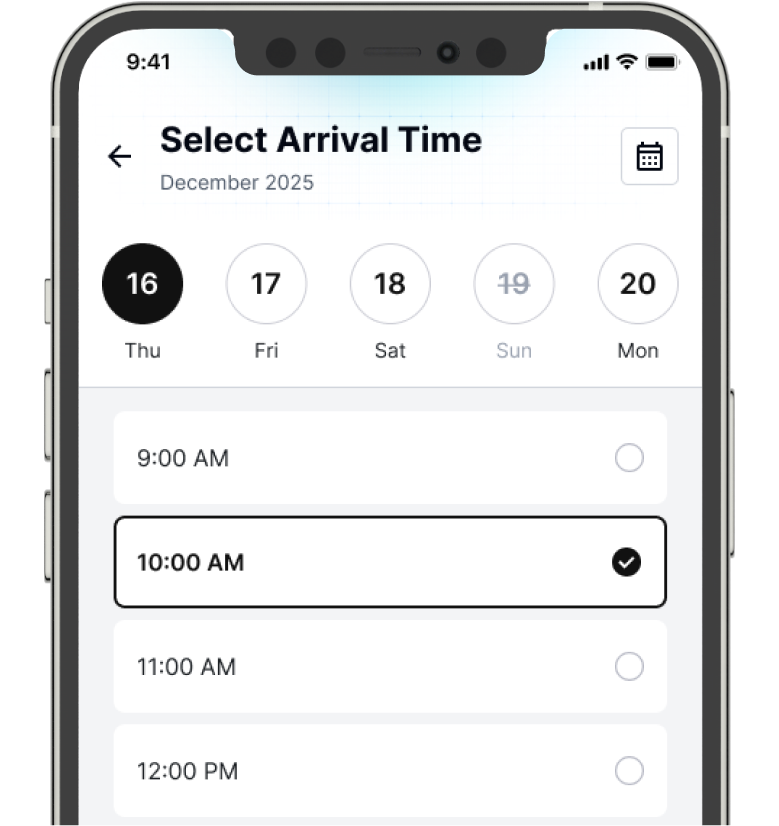 Superhelp app select arrival time screen