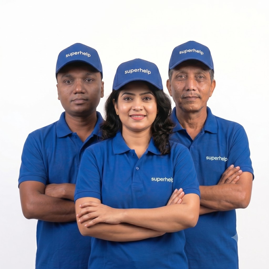 Superhelp partner team in blue uniforms ready to serve customers in Kolhapur